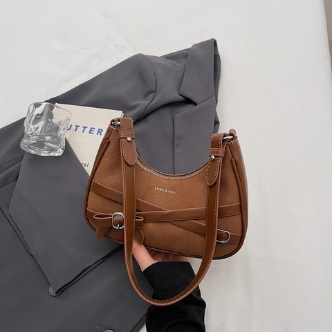 Sac Sous le Bras Vintage en Imitation Daim pour Femmes Minimaliste Nœud Sangle Croisée Boucle en Métal Hobo Sac à Épaule