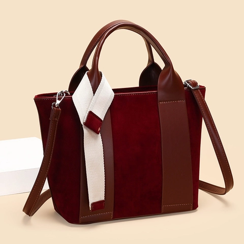 Borsa Secchiello Retro Donna Patchwork Pelle Scamosciata Grande Capacità Borsa A Mano Tracolla Con Nastro Contrasto Vintage Simple Tote