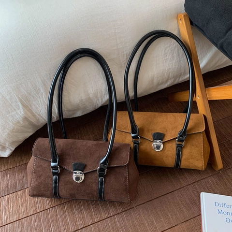 Borsa A Spalla In Camoscio Retrò Da Donna Borsa Sottoascellare Minimalista Sofisticata Con Cinturini In Pelle Chiusura Metallo