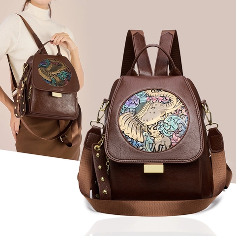 Women PU Leather Backpack Vintage Ethnic Elephant Relief Anti-Theft Fashion Multi-Functional Shoulder Bag Handbag