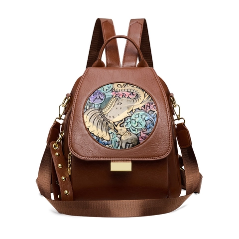 Women PU Leather Backpack Vintage Ethnic Elephant Relief Anti-Theft Fashion Multi-Functional Shoulder Bag Handbag