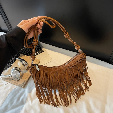 Sac À Épaule Vintage À Franges Sac Hobo Croissant En Velours Côtelé Pour Femmes Avec Décoration De Franges Style Bohème