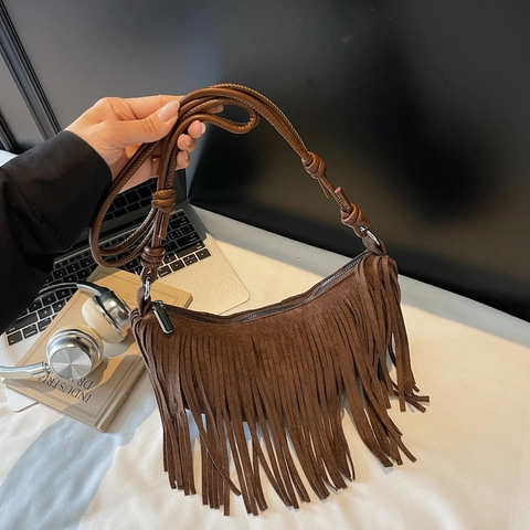 Sac À Épaule Vintage À Franges Sac Hobo Croissant En Velours Côtelé Pour Femmes Avec Décoration De Franges Style Bohème