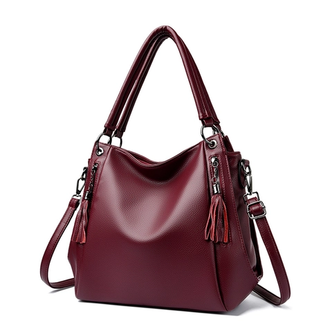 Litchi Texture PU Leather Tote Bag Women Large Capacity With Tassels Solid Color Shoulder Crossbody Handbag Elegant