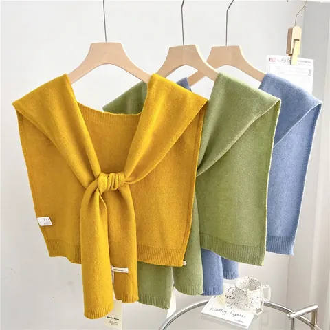 100% Wool Knitted Shawl Scarf Chic Solid Color Knot Tie Fake Collar Shoulder Wrap Warm Elegant For Women