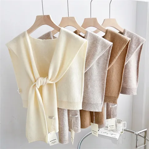 Châle En Tricot 100% Laine Couleur Unie Élégant Écharpe À Nœud Faux Col Pour Femme