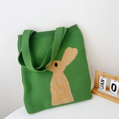 Gestrickte Einkaufstasche Polyester Gewebtes Cartoon Kaninchen Muster Große Kapazität Handtasche Für Damen Alltag Pendeln Ästhetisch