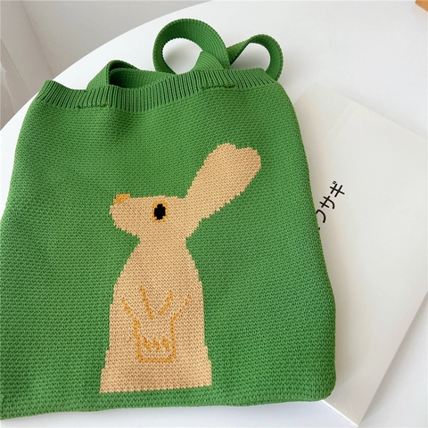 Gestrickte Einkaufstasche Polyester Gewebtes Cartoon Kaninchen Muster Große Kapazität Handtasche Für Damen Alltag Pendeln Ästhetisch