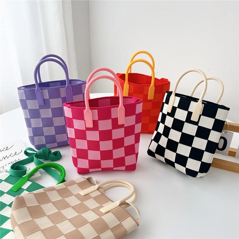 Bolso De Mano De Punto De Damero Mujer Crochet Cubo Tote Bag Con Asa Redonda Bandolera Estilo Dulce Casual