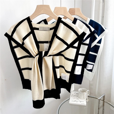 Women Striped Knitted Shawl False Collar Decorative Shoulder Wrap With Tie Knot Elegant Chic Accessory