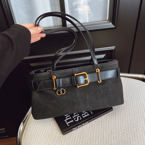 Bolso Baguette Retro Para Axila Textura Gamuza Cuero PU Decoración Hebilla Cinturón Anillo Metal Para Mujeres Bolso De Hombro Diario