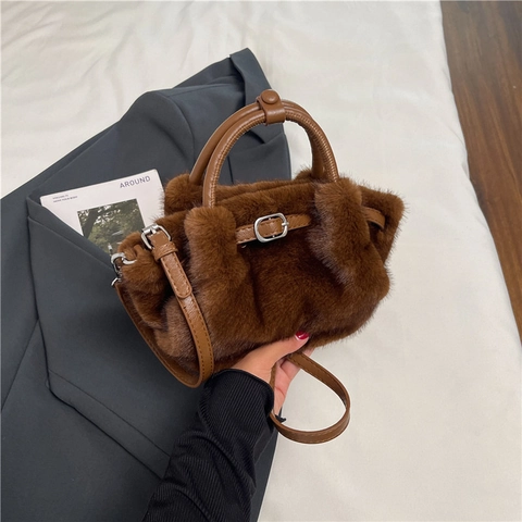 Women Fashion Plush Handbag Faux Fur Small Retro Autumn Winter Shoulder Crossbody Bag With PU Leather Strap