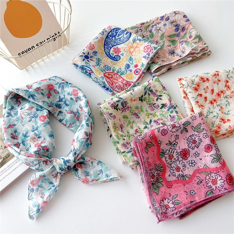 Dames Koreaanse Stijl Katoen Linnen Bloemenprint Kleine Vierkante Sjaal Elegant Paisley Kers Decoratieve Halssjaal Hoofdband