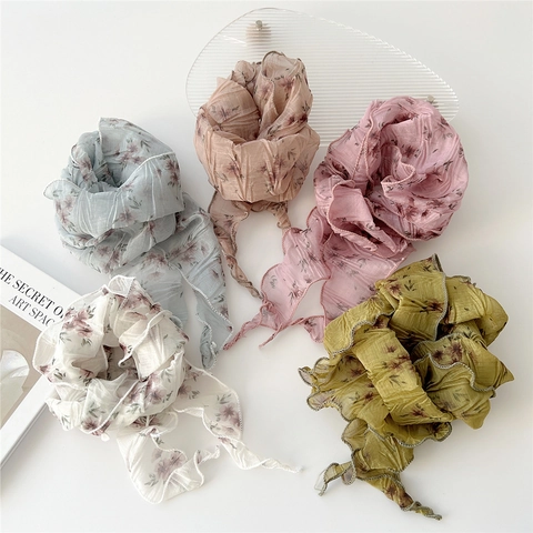 Pañuelo Triangular Plisado Con Estampado Floral Gasa Bandana Ligera Borde Ondulado Retro Bufanda Para Mujer Accesorio Estilo Coreano