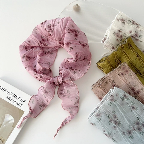 Pañuelo Triangular Plisado Con Estampado Floral Gasa Bandana Ligera Borde Ondulado Retro Bufanda Para Mujer Accesorio Estilo Coreano