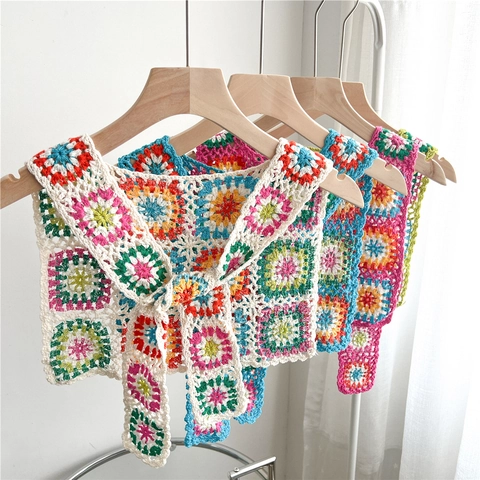 Häkeln Granny Square Schal Gestrickt Bunt Bohemian Vorne Bindbar Dekorativer Falscher Kragen Damen Accessoire