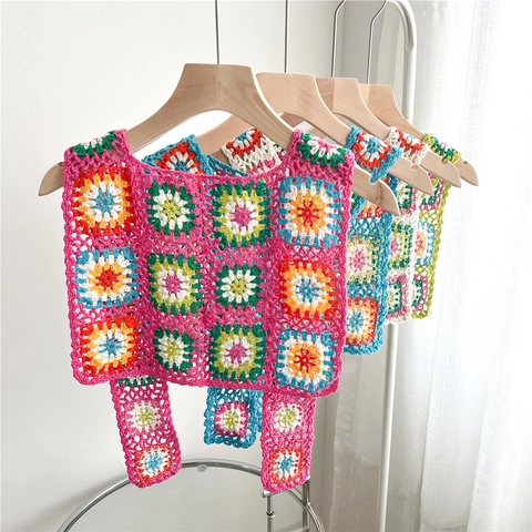 Häkeln Granny Square Schal Gestrickt Bunt Bohemian Vorne Bindbar Dekorativer Falscher Kragen Damen Accessoire