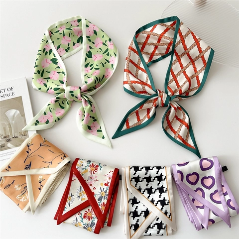 Women Narrow Long Satin Like Scarf Multi Pattern Printed Twilly Ribbon Hair Band Bag Wrap Decoration Elegant Fashion