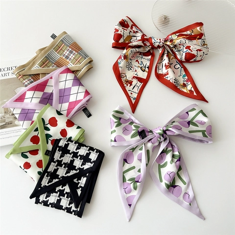 Women Narrow Long Satin Like Scarf Multi Pattern Printed Twilly Ribbon Hair Band Bag Wrap Decoration Elegant Fashion