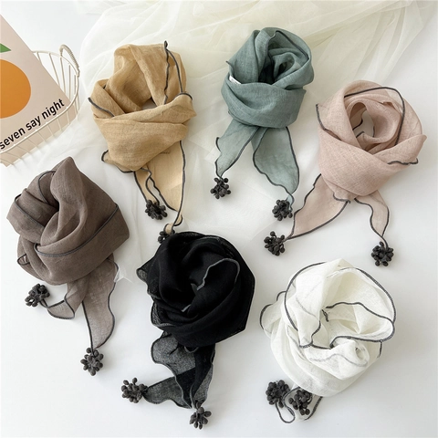 Foulard Triangulaire Femme Couleur Unie Coton Lin Bandana Léger Avec Glands Pompons Et Bord Contrasté Style Coréen