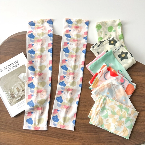 Sun Protection Arm Sleeves Ice Satin Breathable UV Protective Cooling For Outdoor Cycling Driving Floral Star Pattern