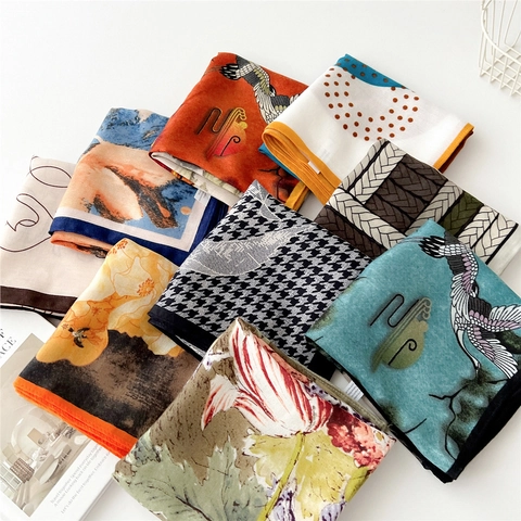 Women Square Scarf Fashion Printed Artistic Neck Tie Elegant Cotton Linen Blend Satin Feel Accessory