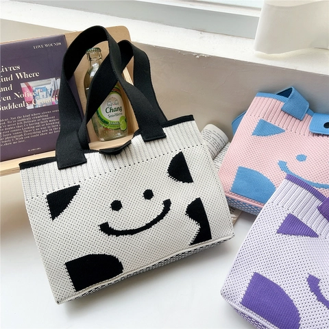 Borsa Tote In Maglia Da Donna Con Faccina Patchwork Borsa A Spalla Casual Quotidiana Stile Ins