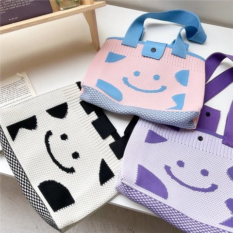 Borsa Tote In Maglia Da Donna Con Faccina Patchwork Borsa A Spalla Casual Quotidiana Stile Ins