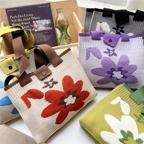 Women Knitted Tote Bag Large Capacity Floral Pattern Handbag Sweet Korean Style Shoulder Bag With Button Closure Knit