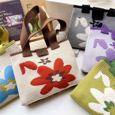 Women Knitted Tote Bag Large Capacity Floral Pattern Handbag Sweet Korean Style Shoulder Bag With Button Closure Knit