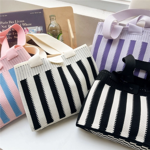 Borsa Tote In Maglia Da Donna Motivo A Righe Verticali Grande Capacità Borsa A Spalla Stile Pastorale Tessuto In Filato