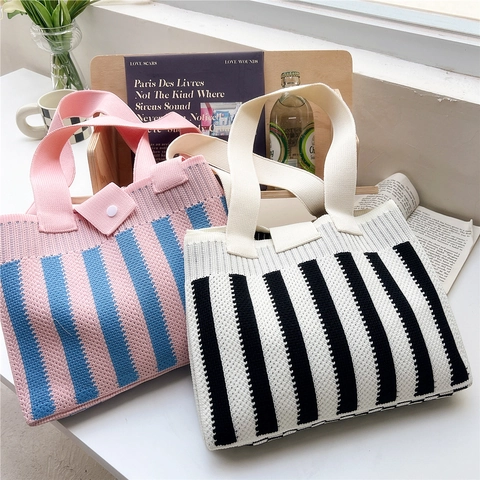 Borsa Tote In Maglia Da Donna Motivo A Righe Verticali Grande Capacità Borsa A Spalla Stile Pastorale Tessuto In Filato