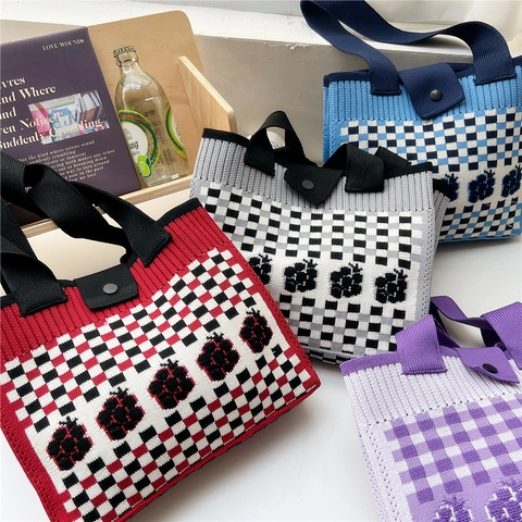 Knitted Tote Bag Checkerboard Pattern Floral Embroidery Wide Strap Large Capacity Snap Button Shoulder Handbag Korean Style