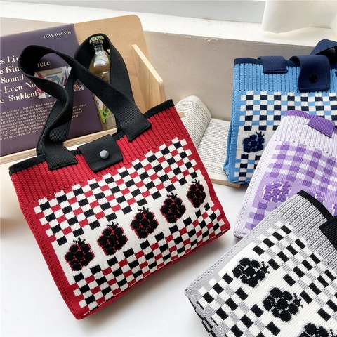 Knitted Tote Bag Checkerboard Pattern Floral Embroidery Wide Strap Large Capacity Snap Button Shoulder Handbag Korean Style
