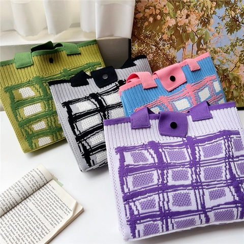 Japanische Stricktasche Tote Bag Gitter Karo Strick Großraum Frauen Pendeln Schule Ästhetische Alltagstasche Süße Handtasche