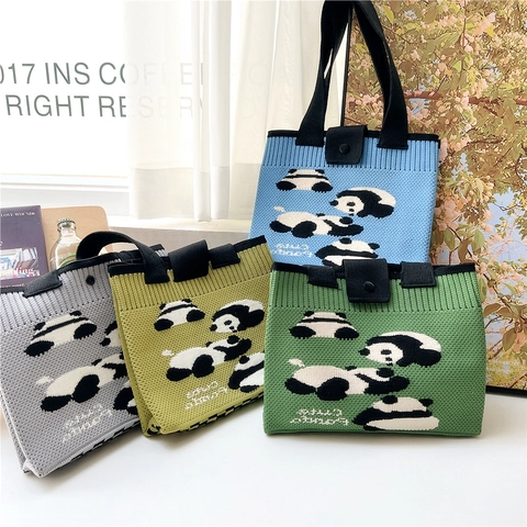 Borsa A Mano In Maglia Con Motivo Panda Carino Borsa Shopping In Maglia Per Donna Estetica Cartoon Con Bottone A Pressione