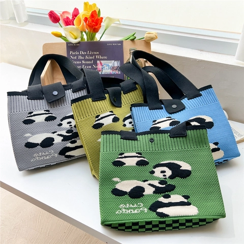Borsa A Mano In Maglia Con Motivo Panda Carino Borsa Shopping In Maglia Per Donna Estetica Cartoon Con Bottone A Pressione