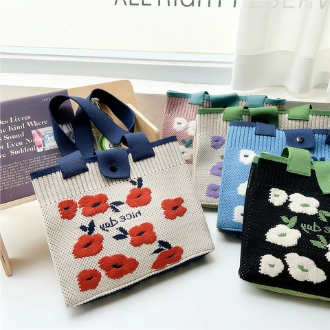 Gestrickte Blumentasche Damen Große Kapazität Handtasche Süße Blumenmuster Umhängetasche Für Den Täglichen Einkauf