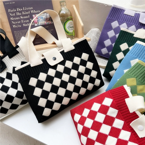 Strick-Tote-Bag Damen Große Kapazität Schachbrett-Diamant-Gitter-Muster Schulterhandtasche Mit Knopfverschluss Lässig Täglich