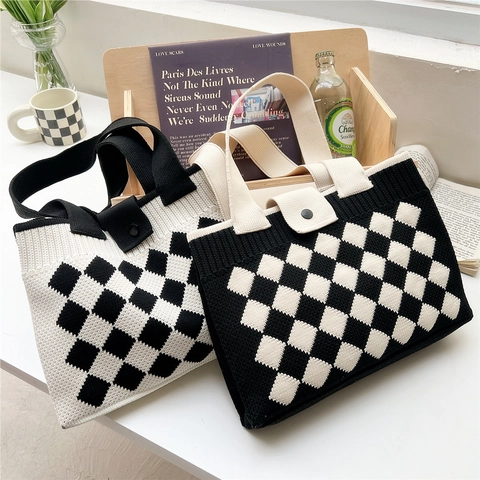 Strick-Tote-Bag Damen Große Kapazität Schachbrett-Diamant-Gitter-Muster Schulterhandtasche Mit Knopfverschluss Lässig Täglich