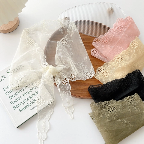 Floral Embroidery Lace Scarf Long Mesh Hollow Out Ribbon Hair Tie Neck Scarf French Vintage Style For Women Elegant Accessory