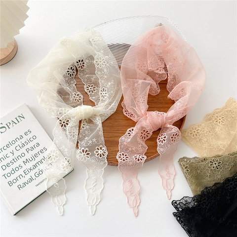 Floral Embroidery Lace Scarf Long Mesh Hollow Out Ribbon Hair Tie Neck Scarf French Vintage Style For Women Elegant Accessory