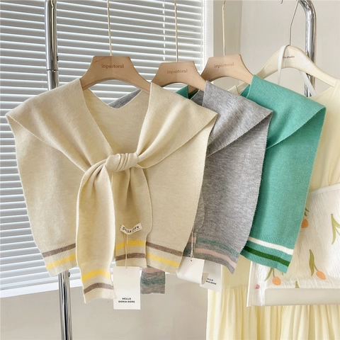 Striped Knitted Shawl Decorative Fake Collar Soft Neck Wrap Korean Style Fashionable Versatile For Women Shoulder Wrap