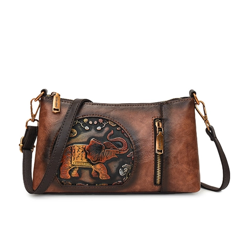 Borsa Tracolla Vintage Donna Pelle PU Rilievo Elefante Etnico Retro Borsa A Spalla Versatile Viaggio Uscita