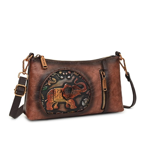 Borsa Tracolla Vintage Donna Pelle PU Rilievo Elefante Etnico Retro Borsa A Spalla Versatile Viaggio Uscita