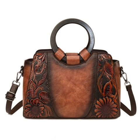 Borsa A Mano Con Rilievo Floreale Retrò Pelle PU Motivo Girasole Vintage Grande Capacità Borsa A Tracolla Con Manico Rotondo