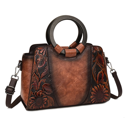 Borsa A Mano Con Rilievo Floreale Retrò Pelle PU Motivo Girasole Vintage Grande Capacità Borsa A Tracolla Con Manico Rotondo