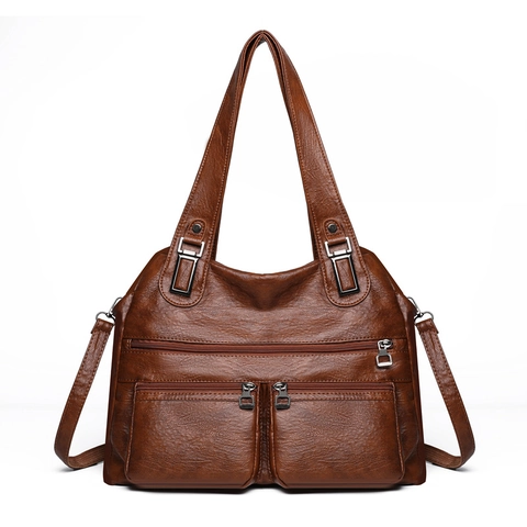 Retro Women Shoulder Bag Large Capacity Multi Pocket PU Leather Casual Tote Handbag Vintage Crossbody Purses