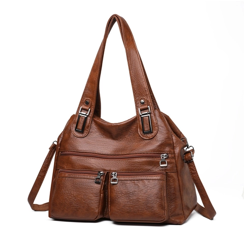 Retro Women Shoulder Bag Large Capacity Multi Pocket PU Leather Casual Tote Handbag Vintage Crossbody Purses