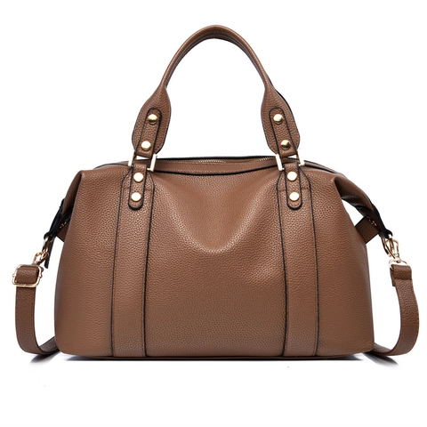 Bolso Boston Mujeres Textura Lichi Cuero Sintético Bolso De Mano Herrajes Dorados Remaches Color Sólido Bandolera